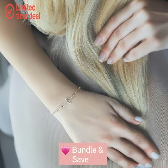 14K Gold Plated Sideways Cross Bracelet Adjustable Rolo Chain - Picture 5 of 7